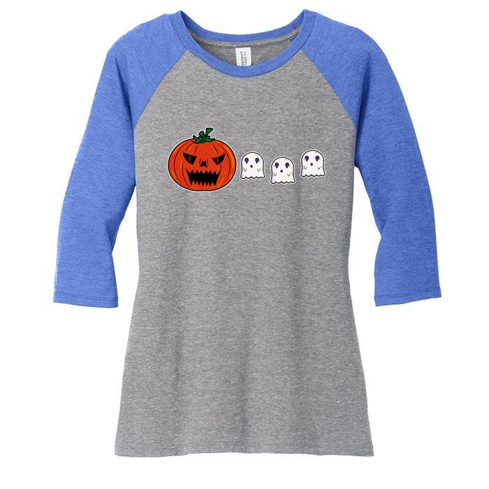 Hq Pumpkin Eating Ghoscute Gift Retro Gamer Spooky Pumpkin Meaningful Gift Women's Tri-Blend 3/4-Sleeve Raglan Shirt