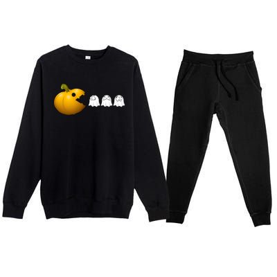 Halloween Pumpkin Eating Ghost Fall Gamer Costume Great Gift Premium Crewneck Sweatsuit Set