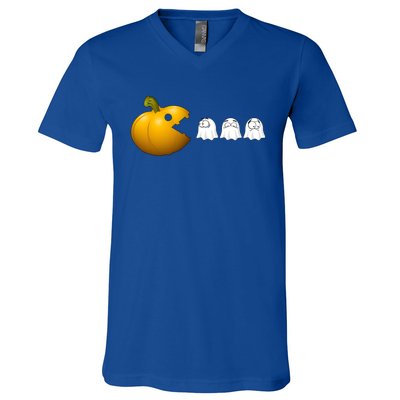 Halloween Pumpkin Eating Ghost Fall Gamer Costume Great Gift V-Neck T-Shirt