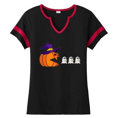 Halloween Pumpkin Eating Ghost Funny Gamer Cute Gift Ladies Halftime Notch Neck Tee