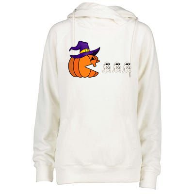 Halloween Pumpkin Eating Ghost Funny Gamer Cute Gift Womens Funnel Neck Pullover Hood