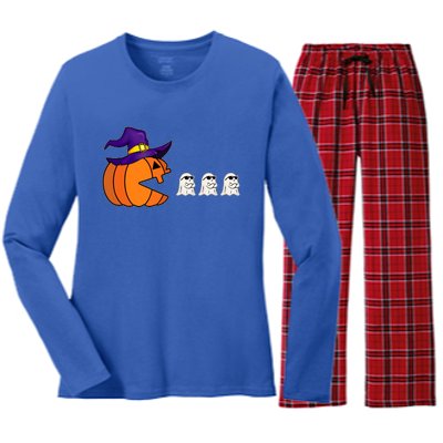 Halloween Pumpkin Eating Ghost Funny Gamer Cute Gift Women's Long Sleeve Flannel Pajama Set 