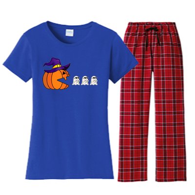 Halloween Pumpkin Eating Ghost Funny Gamer Cute Gift Women's Flannel Pajama Set