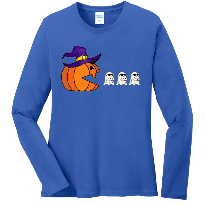 Halloween Pumpkin Eating Ghost Funny Gamer Cute Gift Ladies Long Sleeve Shirt