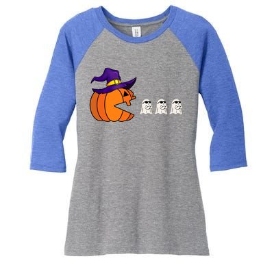 Halloween Pumpkin Eating Ghost Funny Gamer Cute Gift Women's Tri-Blend 3/4-Sleeve Raglan Shirt