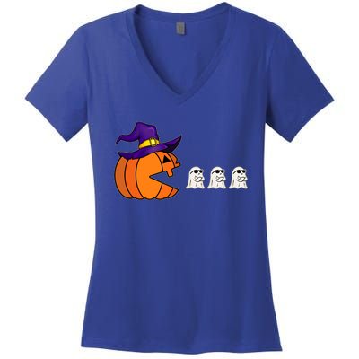 Halloween Pumpkin Eating Ghost Funny Gamer Cute Gift Women's V-Neck T-Shirt