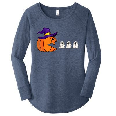 Halloween Pumpkin Eating Ghost Funny Gamer Cute Gift Women's Perfect Tri Tunic Long Sleeve Shirt