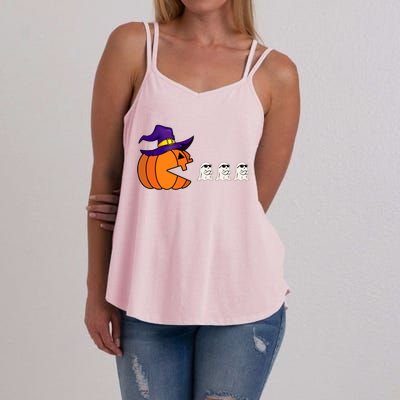 Halloween Pumpkin Eating Ghost Funny Gamer Cute Gift Women's Strappy Tank