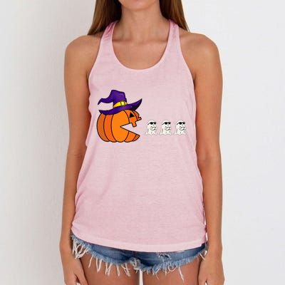 Halloween Pumpkin Eating Ghost Funny Gamer Cute Gift Women's Knotted Racerback Tank