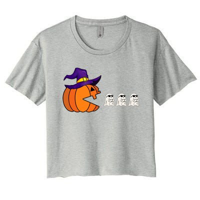 Halloween Pumpkin Eating Ghost Funny Gamer Cute Gift Women's Crop Top Tee