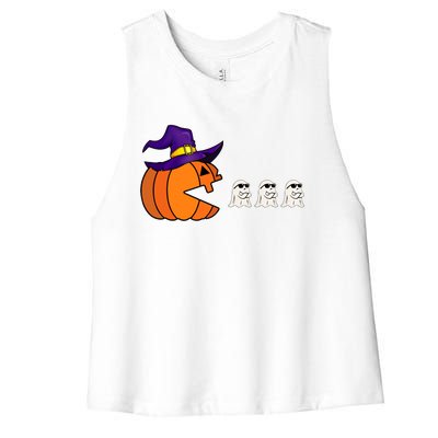 Halloween Pumpkin Eating Ghost Funny Gamer Cute Gift Women's Racerback Cropped Tank