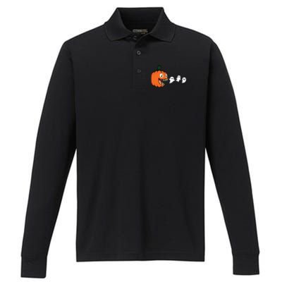 Halloween Pumpkin Eating Ghost Gamer Gift Performance Long Sleeve Polo