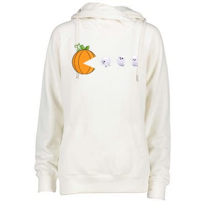 Halloween Pumpkin Eating Ghosts Funny Cute Gift Womens Funnel Neck Pullover Hood