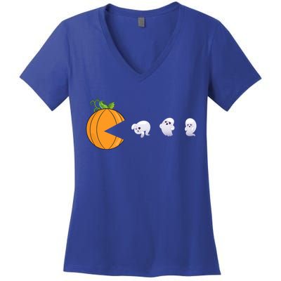 Halloween Pumpkin Eating Ghosts Funny Cute Gift Women's V-Neck T-Shirt