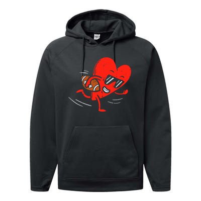 Heart Playing Football Valentines Distressed Performance Fleece Hoodie