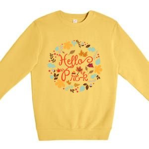 Hello Prek Fall Leaves Autumn Thanksgiving Teacher Student Cool Gift Premium Crewneck Sweatshirt