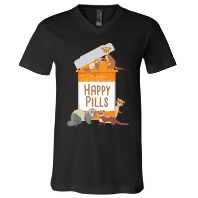 Happy Pills Ferret Zoo Animal Lover Pet Owner V-Neck T-Shirt