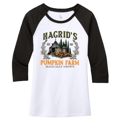 Hagrids Pumpkin Farm Magically Grown Halloween Spooky Season Women's Tri-Blend 3/4-Sleeve Raglan Shirt