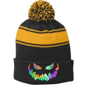 Halloween Pumpkin Green Orange Purple Tie Dye Face Stripe Pom Pom Beanie