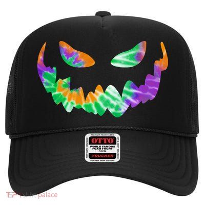Halloween Pumpkin Green Orange Purple Tie Dye Face High Crown Mesh Back Trucker Hat