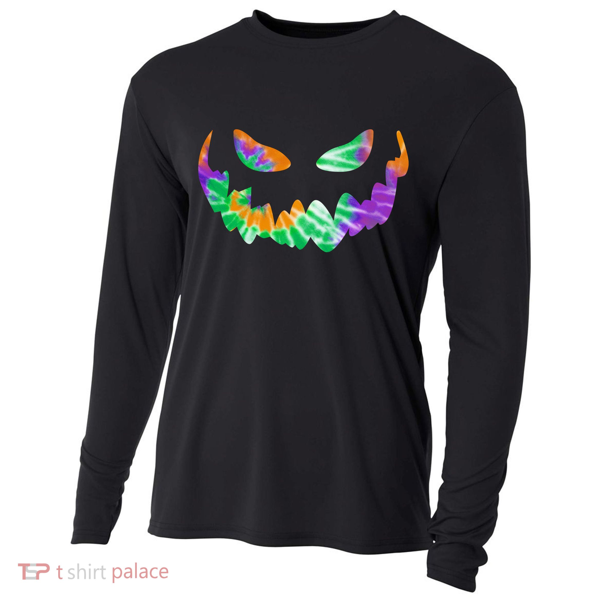 Halloween Pumpkin Green Orange Purple Tie Dye Face Cooling Performance Long Sleeve Crew