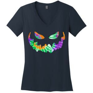 Halloween Pumpkin Green Orange Purple Tie Dye Face Women's V-Neck T-Shirt