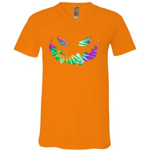 Halloween Pumpkin Green Orange Purple Tie Dye Face V-Neck T-Shirt