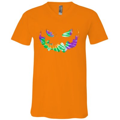 Halloween Pumpkin Green Orange Purple Tie Dye Face V-Neck T-Shirt