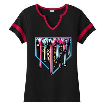 Home Plate Ice Cream Softball Baseball Melting Drip Ladies Halftime Notch Neck Tee