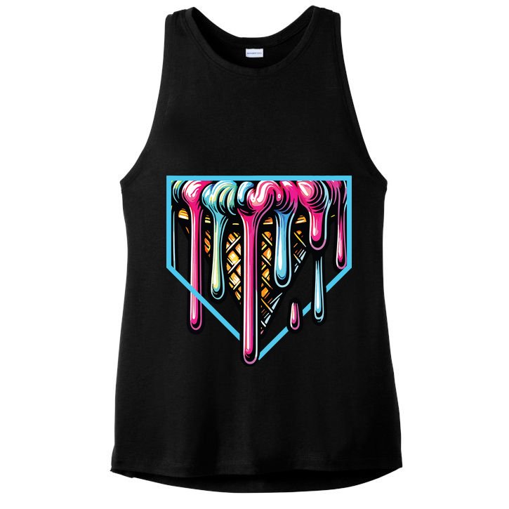 Home Plate Ice Cream Softball Baseball Melting Drip Ladies PosiCharge Tri-Blend Wicking Tank