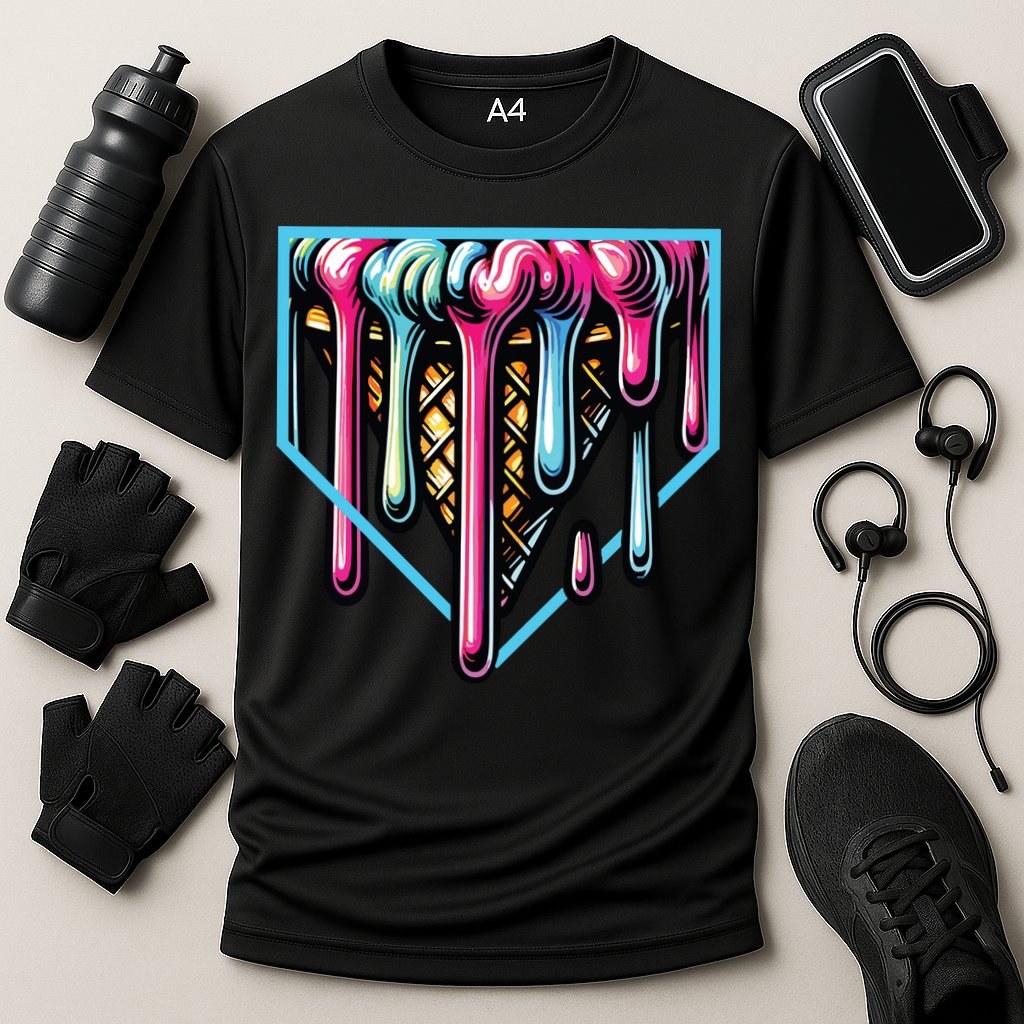 Home Plate Ice Cream Softball Baseball Melting Drip Cooling Performance Crew T-Shirt