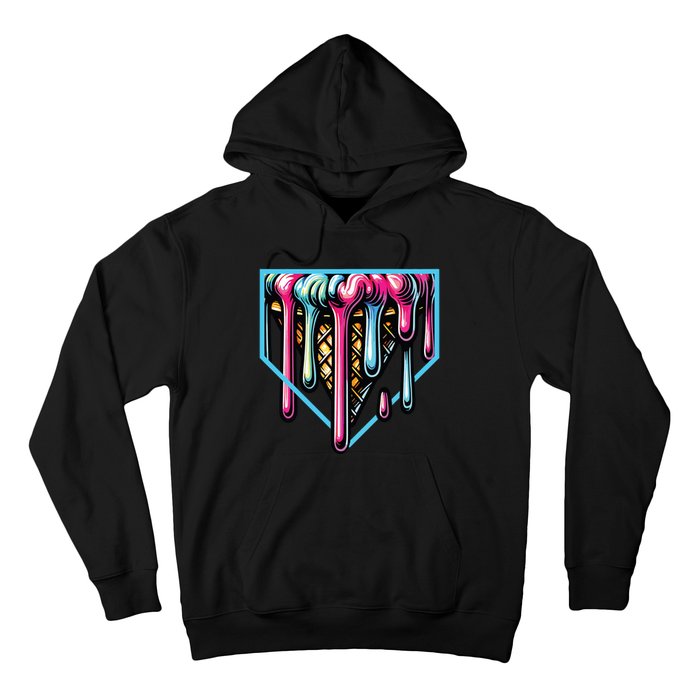 Home Plate Ice Cream Softball Baseball Melting Drip Hoodie