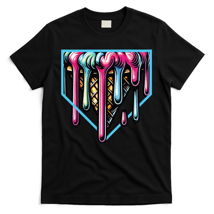 Home Plate Ice Cream Softball Baseball Melting Drip T-Shirt