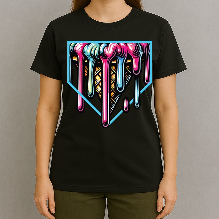 Home Plate Ice Cream Softball Baseball Melting Drip T-Shirt