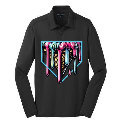 Home Plate Ice Cream Softball Baseball Melting Drip Silk Touch Performance Long Sleeve Polo