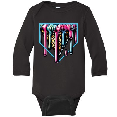 Home Plate Ice Cream Softball Baseball Melting Drip Baby Long Sleeve Bodysuit