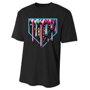 Home Plate Ice Cream Softball Baseball Melting Drip Performance Sprint T-Shirt