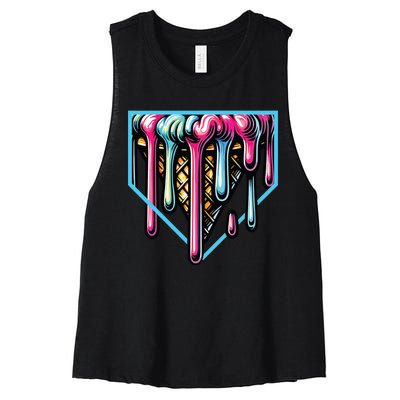 Home Plate Ice Cream Softball Baseball Melting Drip Women's Racerback Cropped Tank