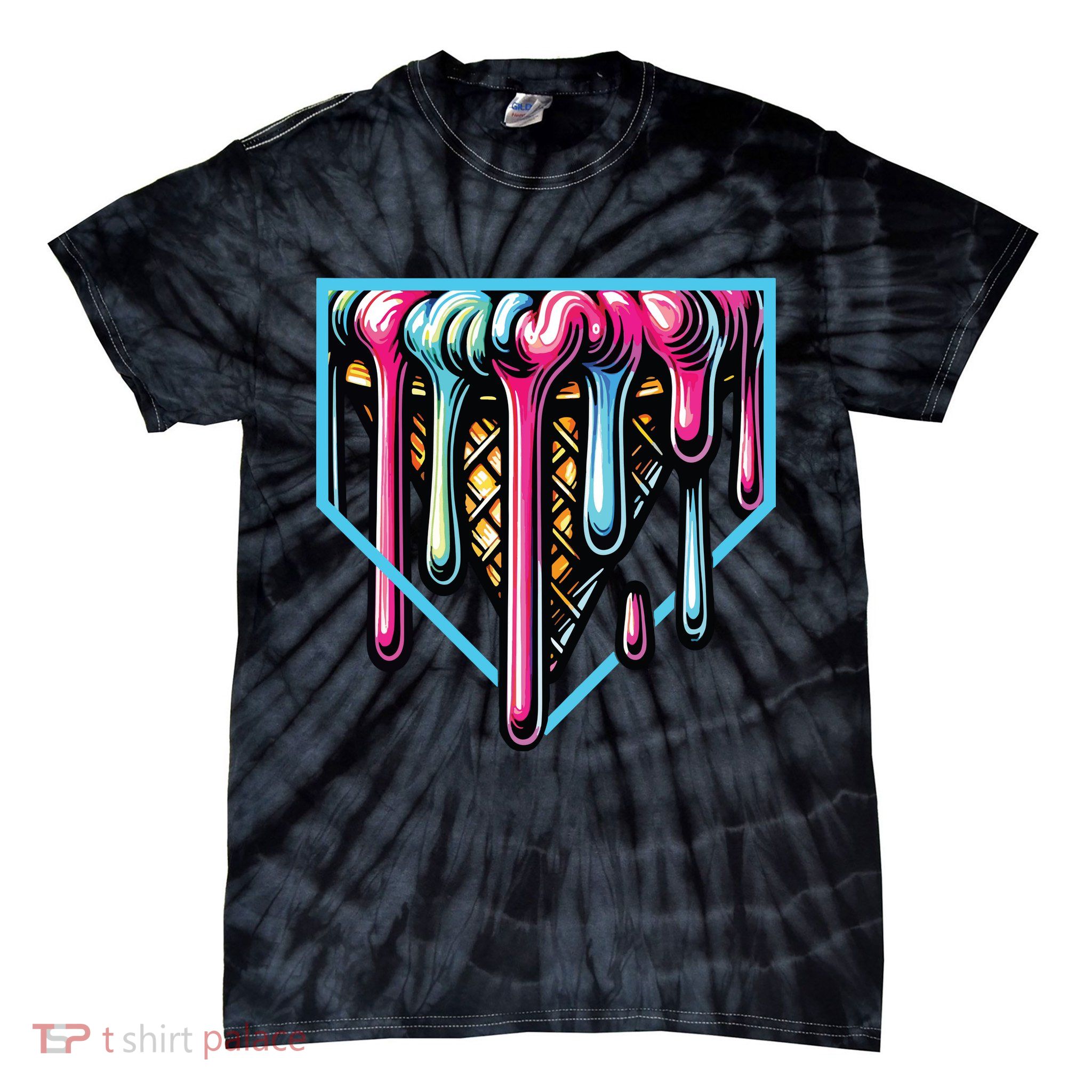 Home Plate Ice Cream Softball Baseball Melting Drip Tie-Dye T-Shirt