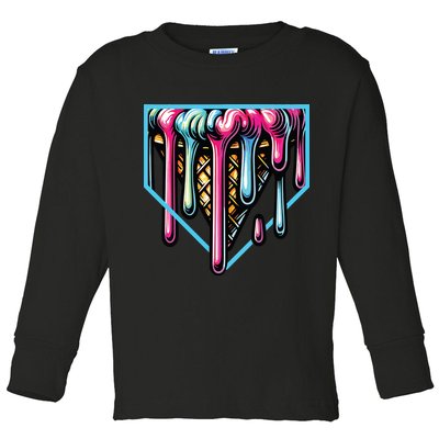 Home Plate Ice Cream Softball Baseball Melting Drip Toddler Long Sleeve Shirt