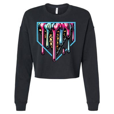 Home Plate Ice Cream Softball Baseball Melting Drip Cropped Pullover Crew