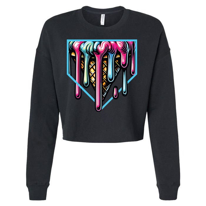 Home Plate Ice Cream Softball Baseball Melting Drip Cropped Pullover Crew