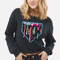 Home Plate Ice Cream Softball Baseball Melting Drip Cropped Pullover Crew
