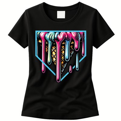 Home Plate Ice Cream Softball Baseball Melting Drip Womens T-Shirt