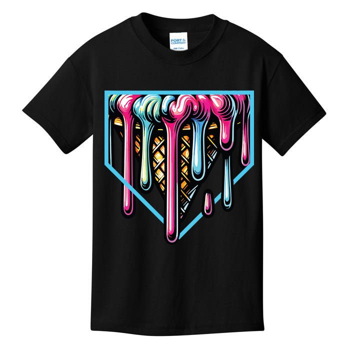 Home Plate Ice Cream Softball Baseball Melting Drip Kids T-Shirt