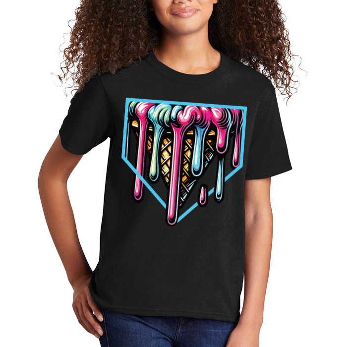 Home Plate Ice Cream Softball Baseball Melting Drip Kids T-Shirt