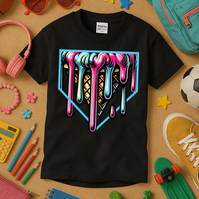 Home Plate Ice Cream Softball Baseball Melting Drip Kids T-Shirt