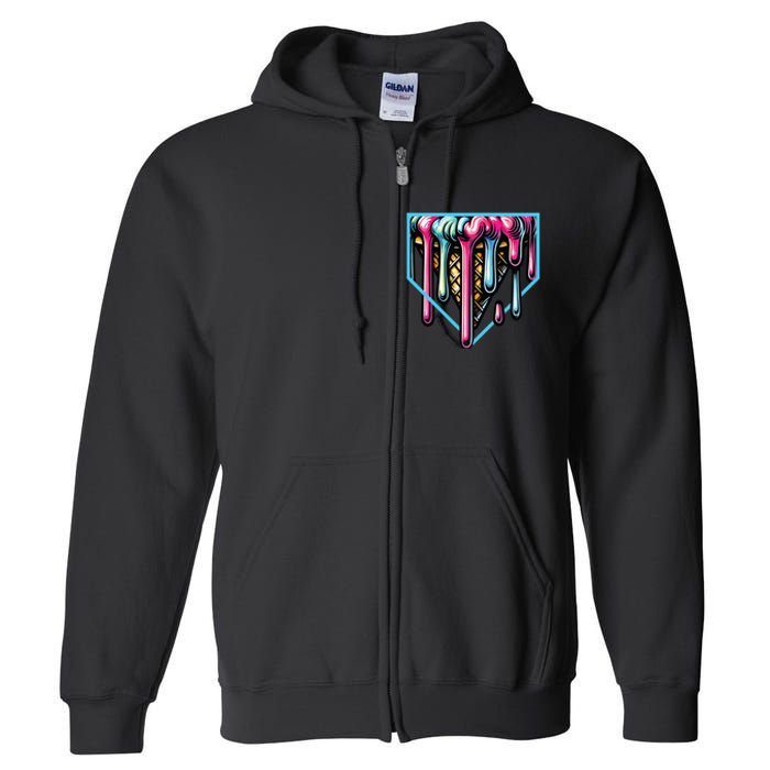 Home Plate Ice Cream Softball Baseball Melting Drip Full Zip Hoodie