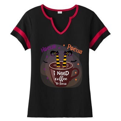 Hocus Pocus I Need Coffee To Focus Funny Halloween Costume Ladies Halftime Notch Neck Tee