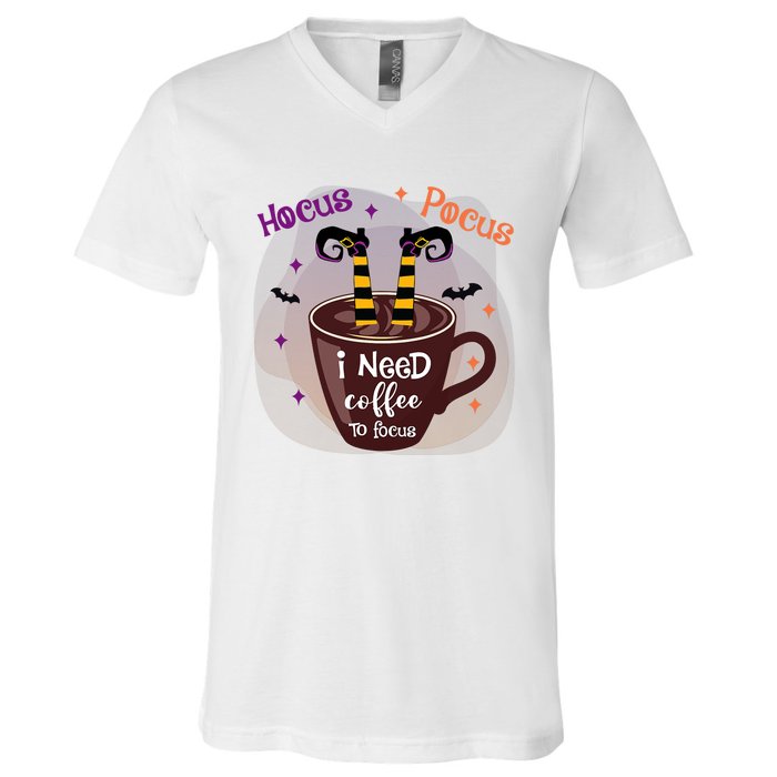 Hocus Pocus I Need Coffee To Focus Funny Halloween Costume V-Neck T-Shirt